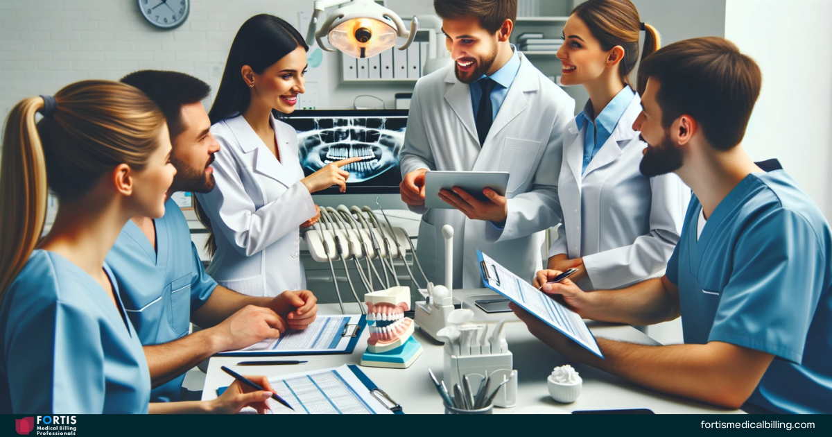 A dental office with a team of experts discussing the dental billing process.